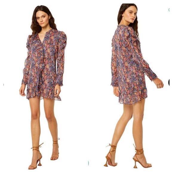 MISA Halima ruffle mini Dress in Augusta Floral Size XS chiffon button up violet - Picture 2 of 15